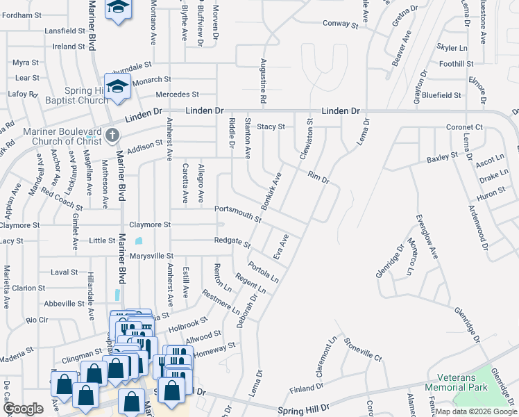map of restaurants, bars, coffee shops, grocery stores, and more near 11384 Riddle Drive in Spring Hill