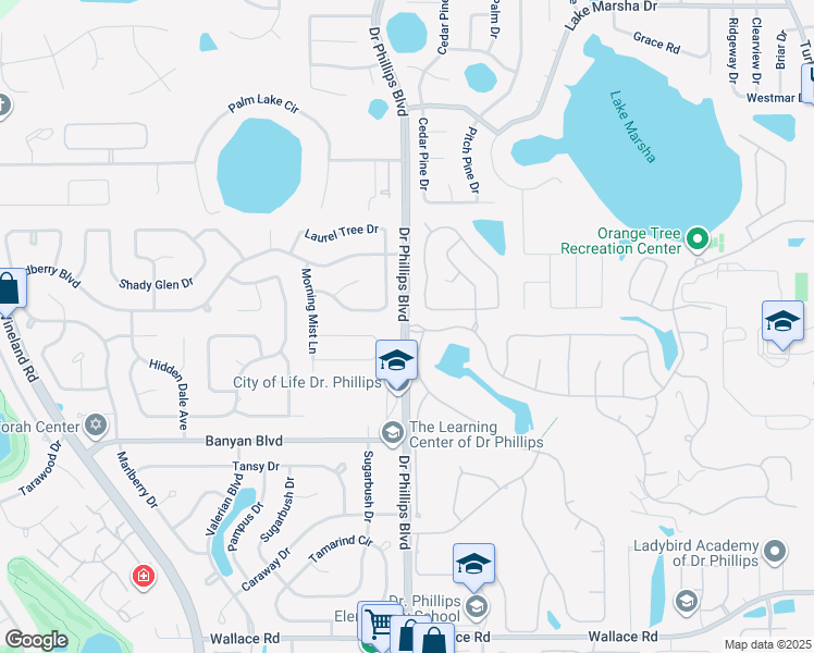 map of restaurants, bars, coffee shops, grocery stores, and more near Doctor Phillips Boulevard in Orlando