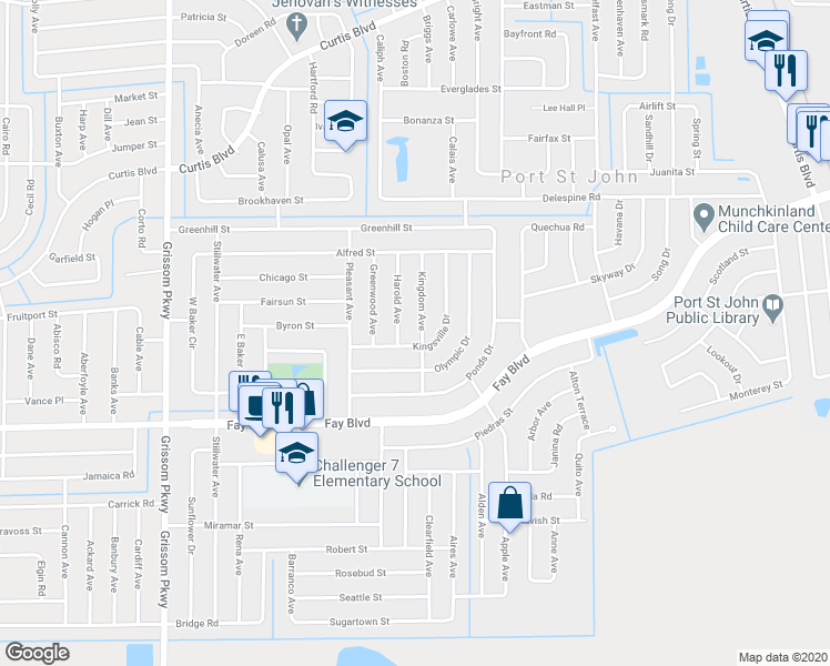 map of restaurants, bars, coffee shops, grocery stores, and more near 6430 Kingdom Avenue in Cocoa