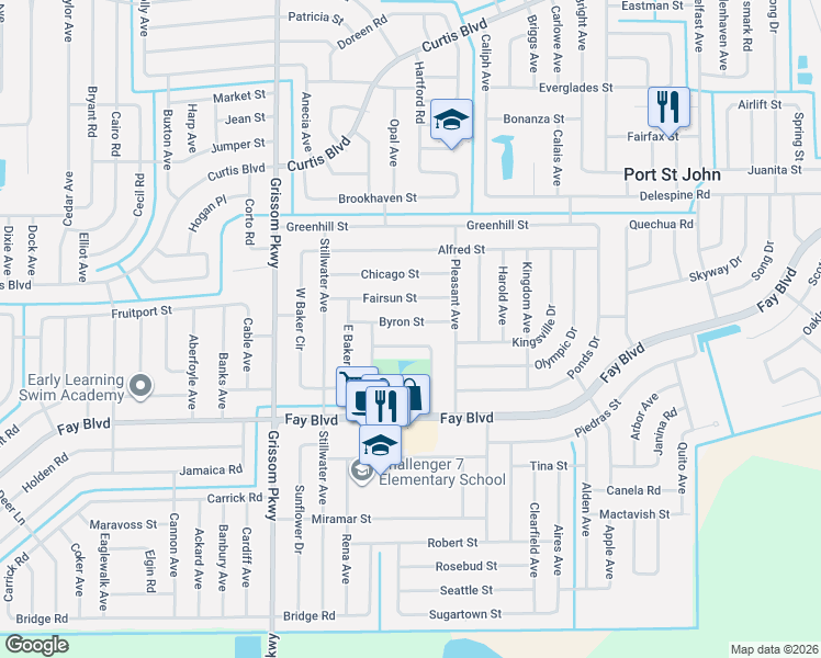 map of restaurants, bars, coffee shops, grocery stores, and more near 4747 Byron Street in Cocoa