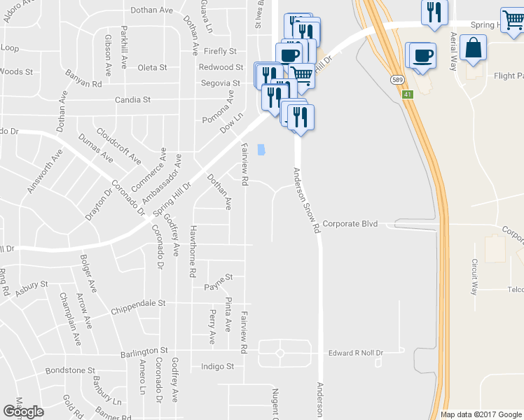 map of restaurants, bars, coffee shops, grocery stores, and more near 2405 Industrial Loop in Spring Hill