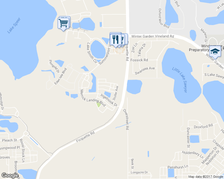 map of restaurants, bars, coffee shops, grocery stores, and more near 13815 Beringer Street in Windermere