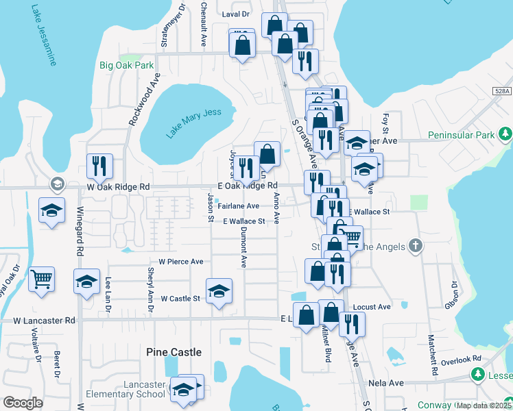 map of restaurants, bars, coffee shops, grocery stores, and more near 221 Fairlane Avenue in Orlando