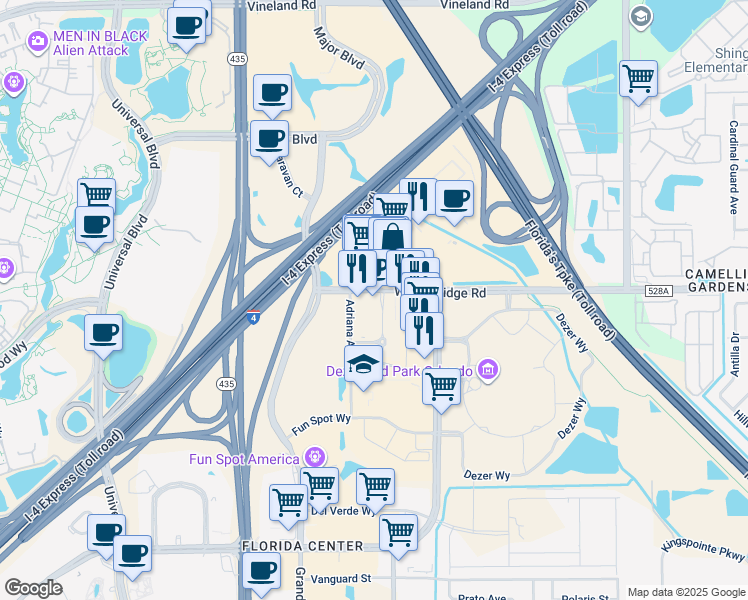 map of restaurants, bars, coffee shops, grocery stores, and more near in Orlando