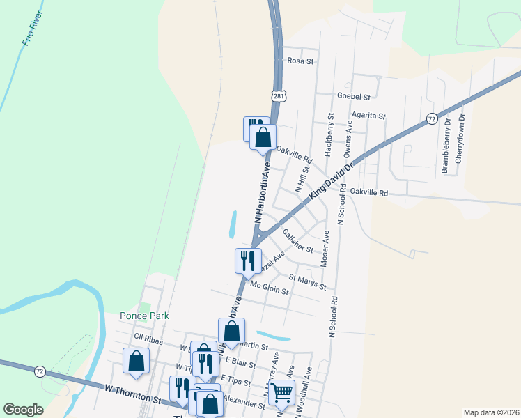 map of restaurants, bars, coffee shops, grocery stores, and more near 1023 North Harborth Avenue in Three Rivers