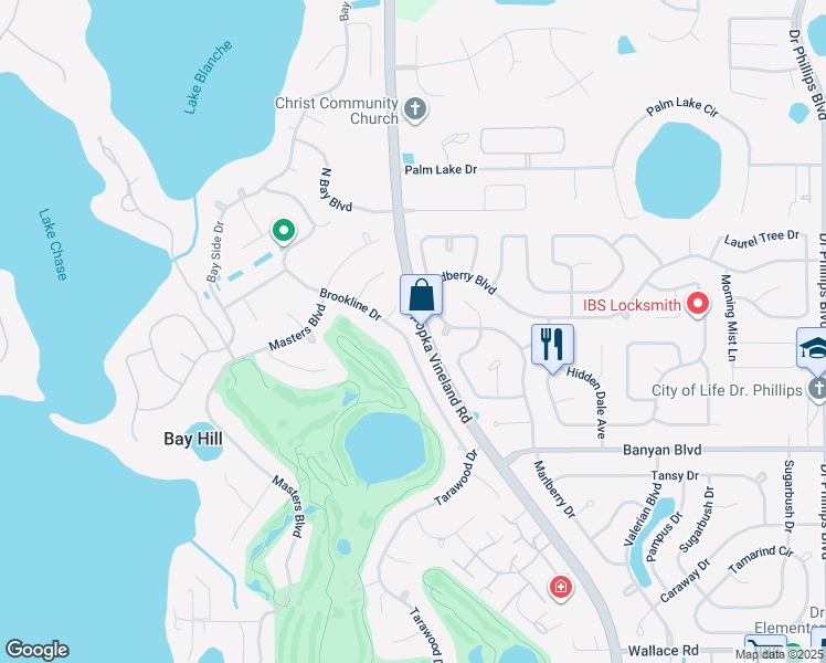 map of restaurants, bars, coffee shops, grocery stores, and more near 6244 Blue Clay Court in Orlando