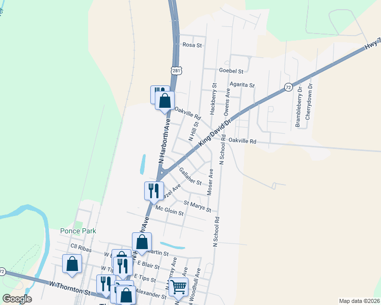map of restaurants, bars, coffee shops, grocery stores, and more near 201 Hinton Street in Three Rivers