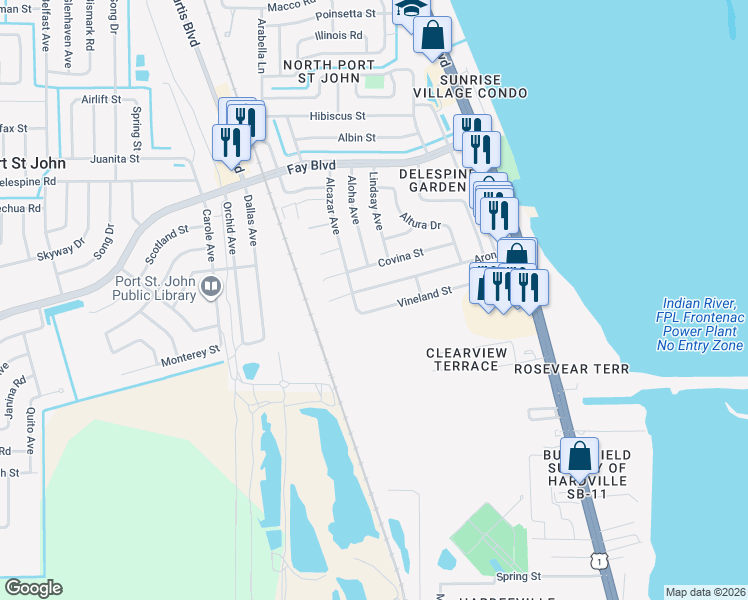 map of restaurants, bars, coffee shops, grocery stores, and more near 1080 Vineland St in Cocoa