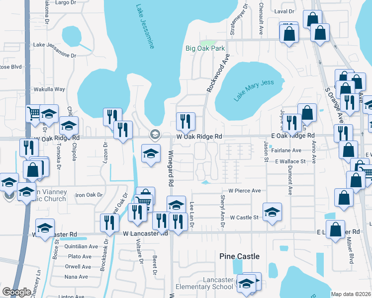 map of restaurants, bars, coffee shops, grocery stores, and more near 5939 Winegard Road in Pine Castle