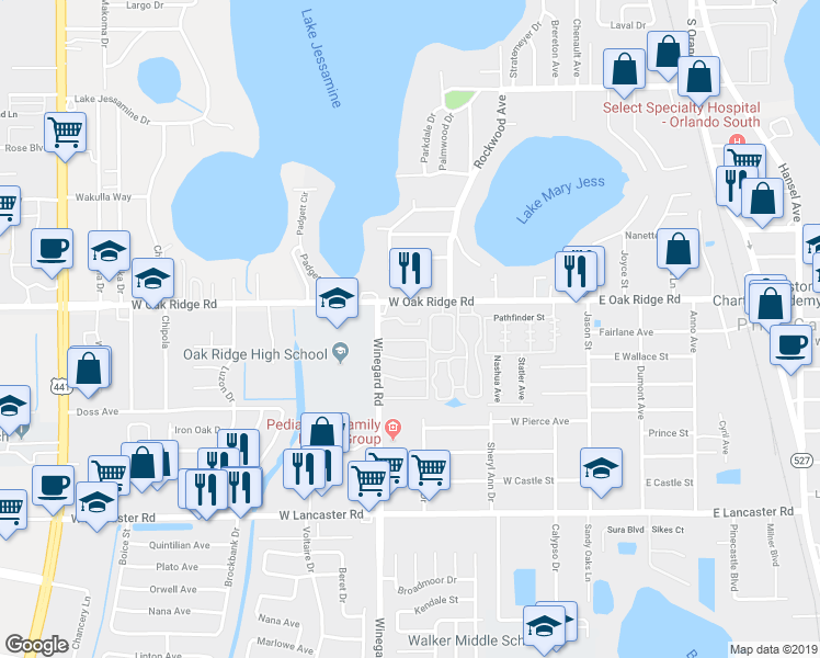 map of restaurants, bars, coffee shops, grocery stores, and more near 5939 Winegard Road in Pine Castle