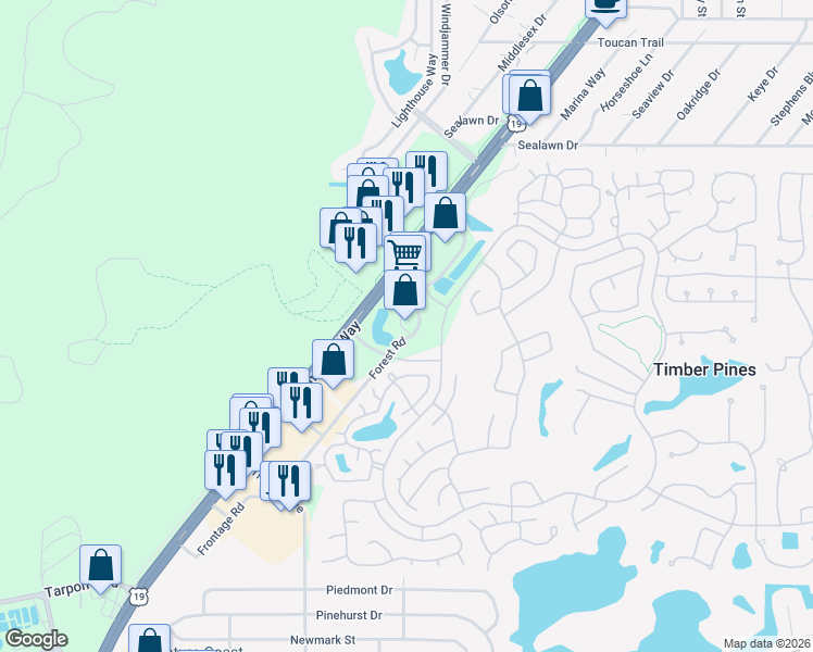 map of restaurants, bars, coffee shops, grocery stores, and more near 2601 Forest Road in Spring Hill
