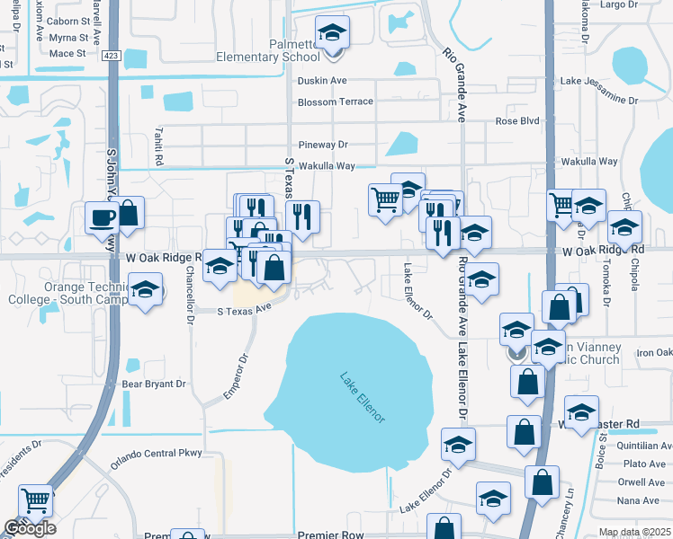 map of restaurants, bars, coffee shops, grocery stores, and more near 2124 West Oak Ridge Road in Orlando