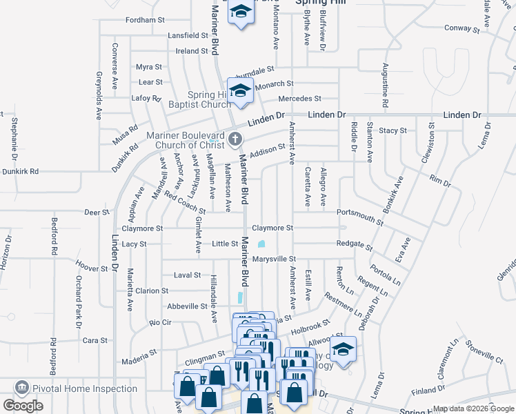 map of restaurants, bars, coffee shops, grocery stores, and more near 2424 Keeport Drive in Spring Hill