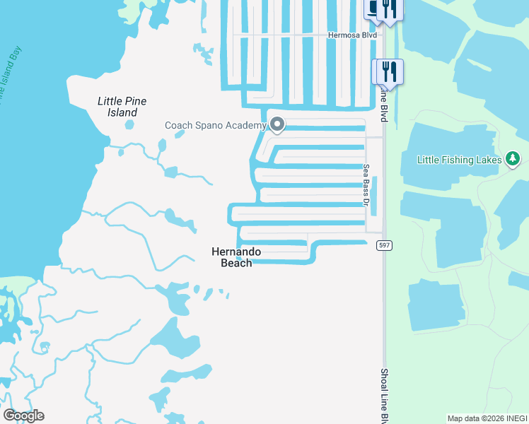 map of restaurants, bars, coffee shops, grocery stores, and more near 3392 Croaker Drive in Hernando Beach
