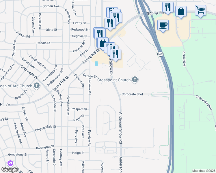 map of restaurants, bars, coffee shops, grocery stores, and more near 2465 Anderson Snow Road in Spring Hill