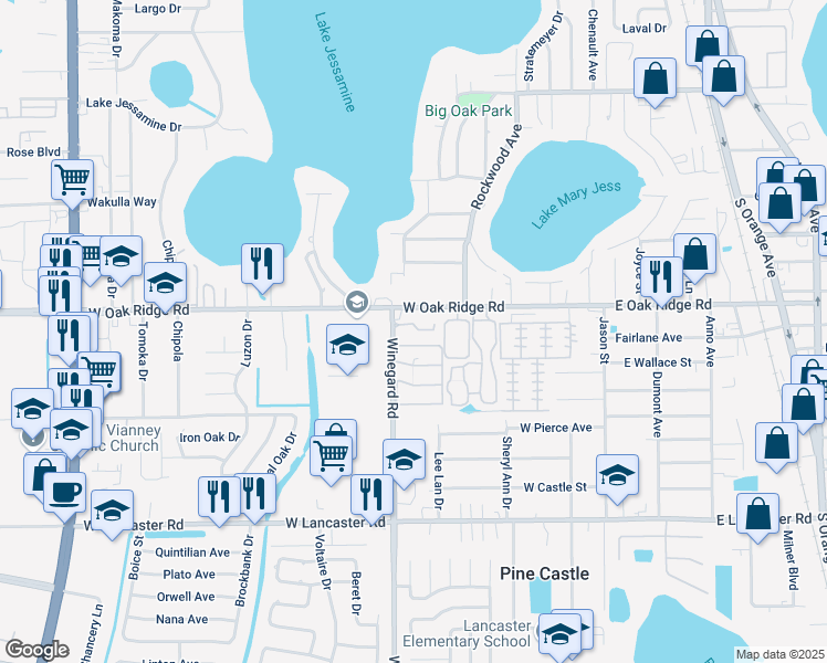 map of restaurants, bars, coffee shops, grocery stores, and more near 5925 Winegard Road in Pine Castle