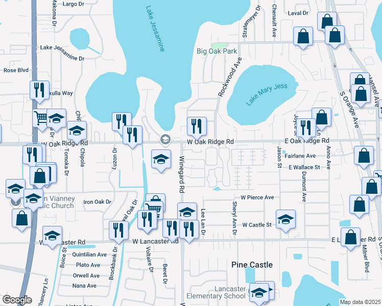 map of restaurants, bars, coffee shops, grocery stores, and more near 5925 Winegard Road in Pine Castle