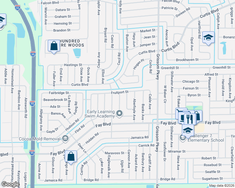map of restaurants, bars, coffee shops, grocery stores, and more near 6448 Dane Avenue in Cocoa