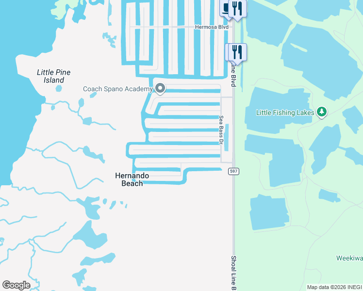 map of restaurants, bars, coffee shops, grocery stores, and more near 3496 Croaker Drive in Hernando Beach