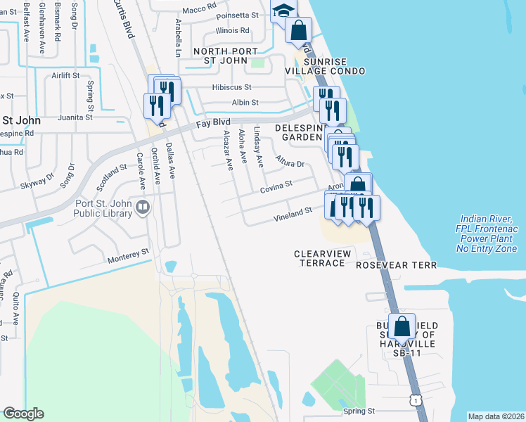 map of restaurants, bars, coffee shops, grocery stores, and more near 1080 Vineland Street in Cocoa