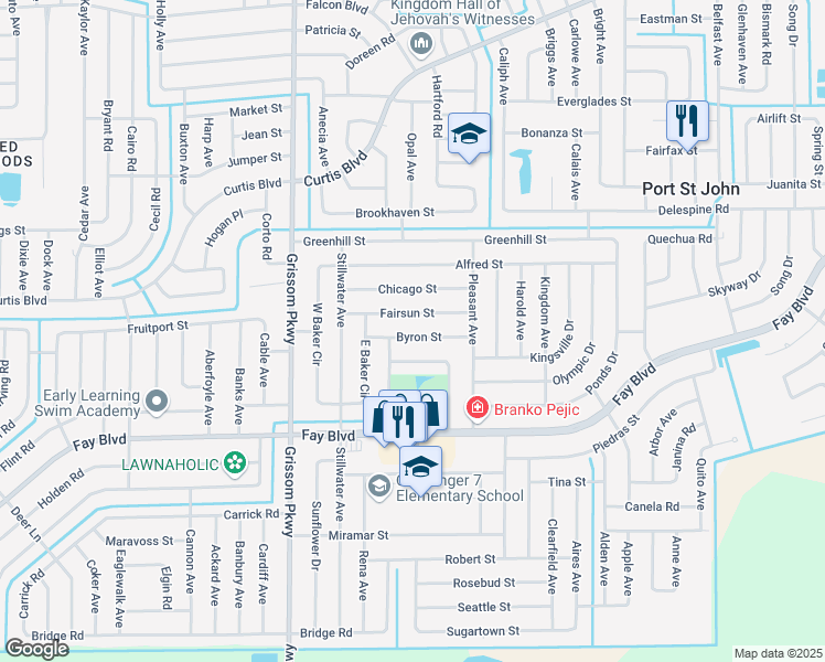 map of restaurants, bars, coffee shops, grocery stores, and more near 4760 Byron Street in Cocoa