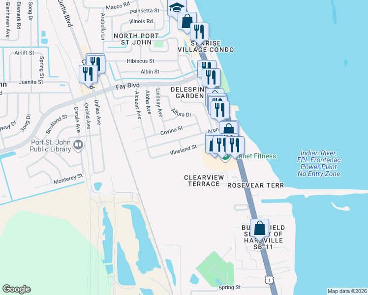 map of restaurants, bars, coffee shops, grocery stores, and more near 1133 Vineland Street in Cocoa