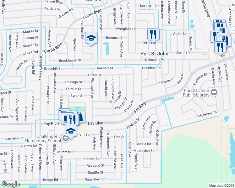 map of restaurants, bars, coffee shops, grocery stores, and more near 4430 Olympic Drive in Cocoa