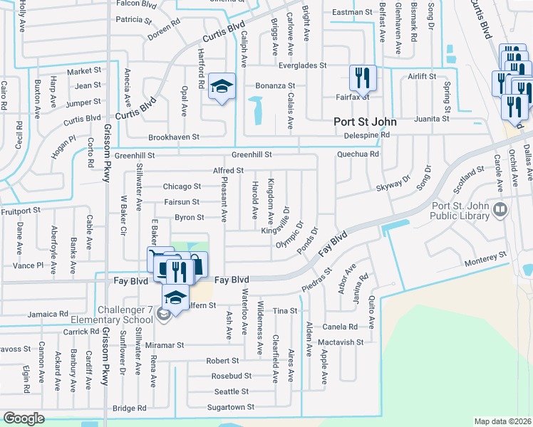 map of restaurants, bars, coffee shops, grocery stores, and more near 6430 Kingdom Avenue in Cocoa