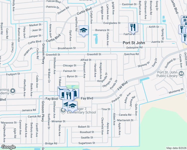 map of restaurants, bars, coffee shops, grocery stores, and more near 6425 Greenwood Avenue in Cocoa