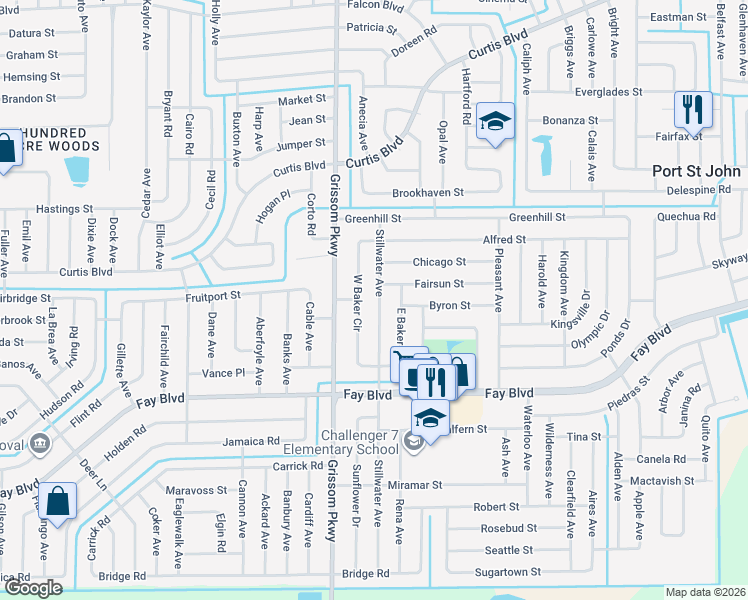 map of restaurants, bars, coffee shops, grocery stores, and more near 6445 Stillwater Avenue in Cocoa