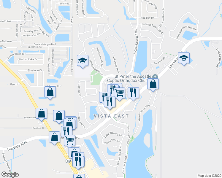 map of restaurants, bars, coffee shops, grocery stores, and more near 8651 Saratoga Inlet Drive in Orlando