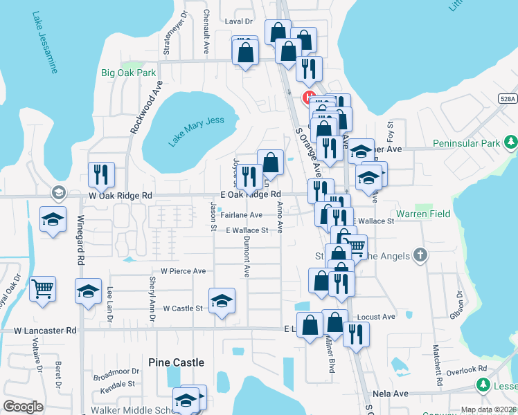 map of restaurants, bars, coffee shops, grocery stores, and more near 208 Fairlane Avenue in Orlando