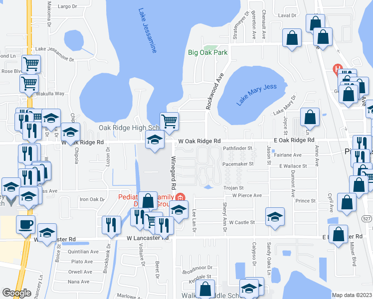 map of restaurants, bars, coffee shops, grocery stores, and more near 5939 Winegard Road in Pine Castle