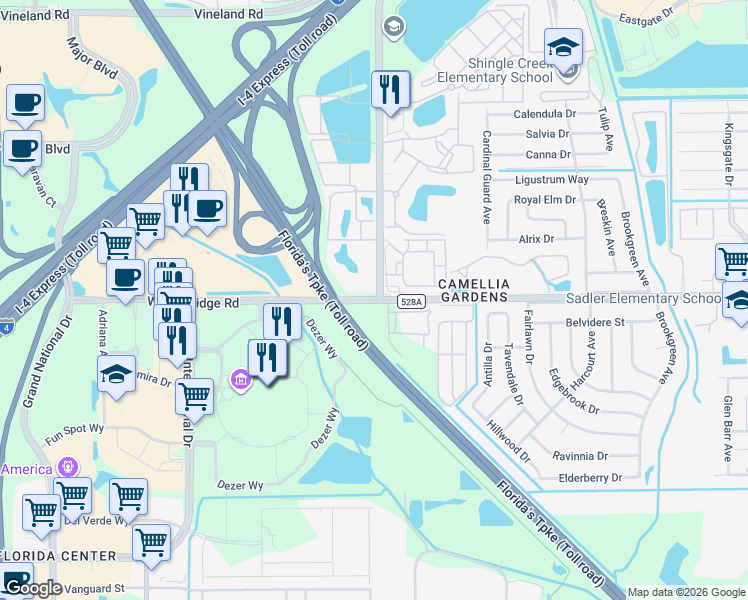 map of restaurants, bars, coffee shops, grocery stores, and more near in Orlando