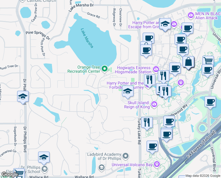 map of restaurants, bars, coffee shops, grocery stores, and more near 7237 Moss Leaf Lane in Orlando