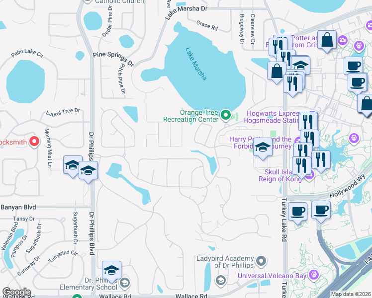 map of restaurants, bars, coffee shops, grocery stores, and more near 7405 Pinemount Drive in Orlando