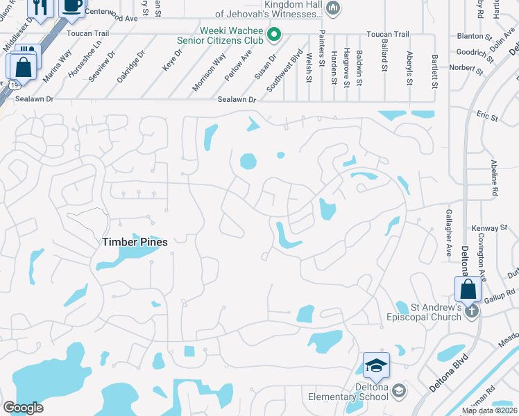 map of restaurants, bars, coffee shops, grocery stores, and more near 2386 Fairskies Drive in Spring Hill