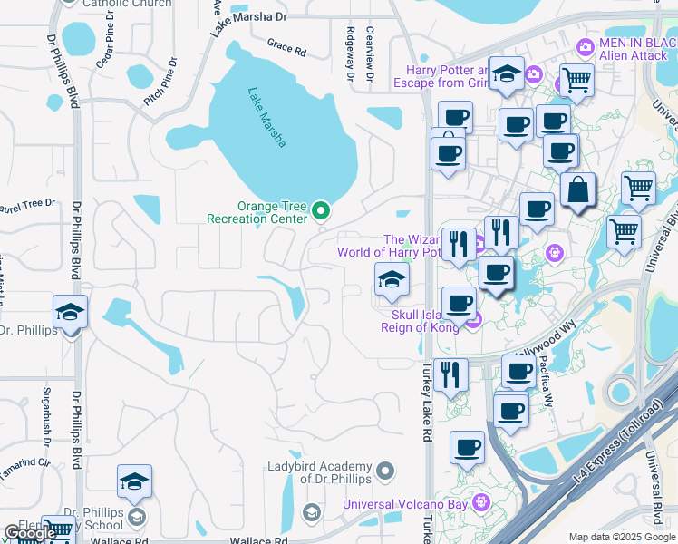 map of restaurants, bars, coffee shops, grocery stores, and more near 7237 Moss Leaf Lane in Orlando