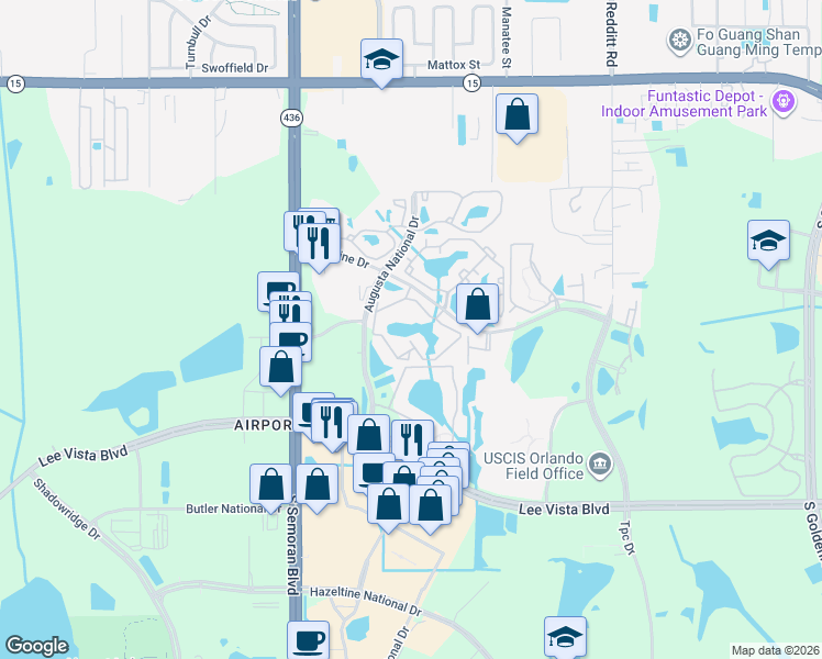map of restaurants, bars, coffee shops, grocery stores, and more near 5910 Bent Pine Drive in Orlando