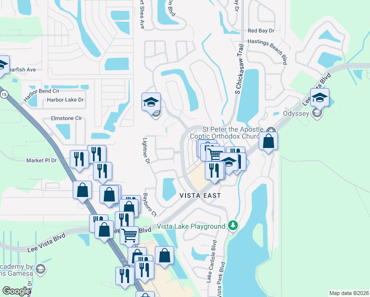 map of restaurants, bars, coffee shops, grocery stores, and more near 6336 Westcott Cove Boulevard in Orlando