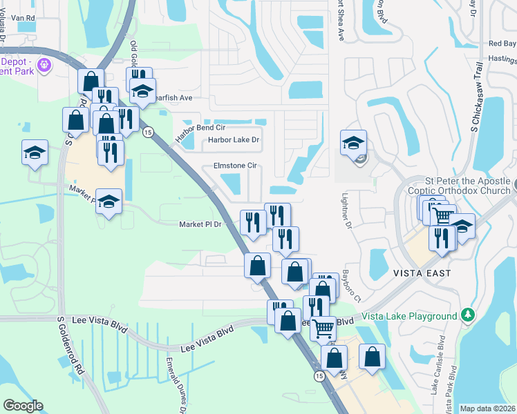 map of restaurants, bars, coffee shops, grocery stores, and more near 7916 Elmstone Circle in Orlando