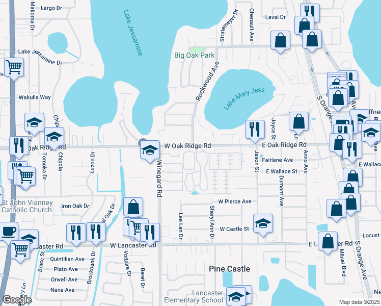map of restaurants, bars, coffee shops, grocery stores, and more near 420 West Oak Ridge Road in Pine Castle