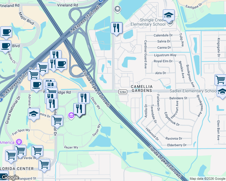map of restaurants, bars, coffee shops, grocery stores, and more near in Orlando