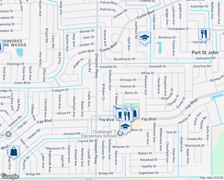map of restaurants, bars, coffee shops, grocery stores, and more near 6481 Stillwater Avenue in Cocoa