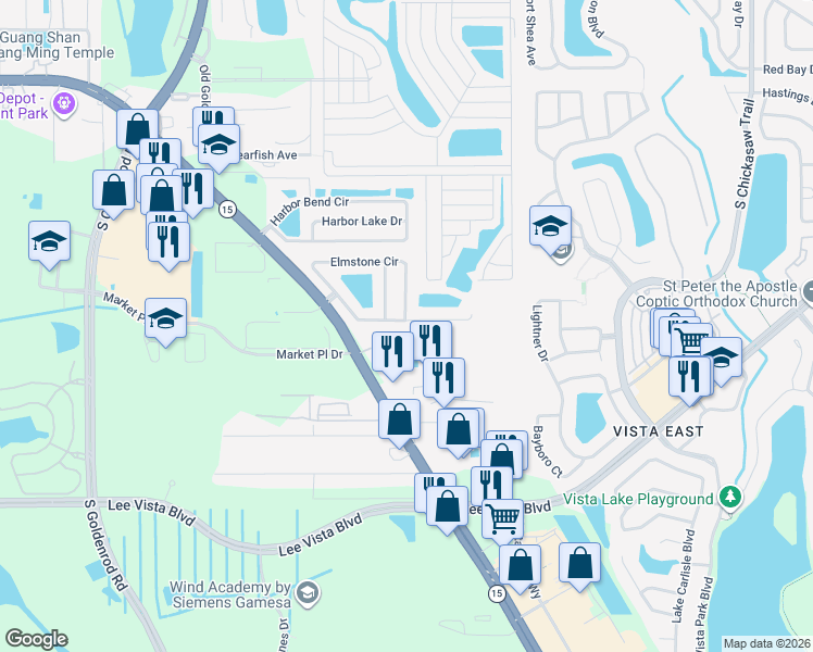 map of restaurants, bars, coffee shops, grocery stores, and more near 7916 Elmstone Circle in Orlando