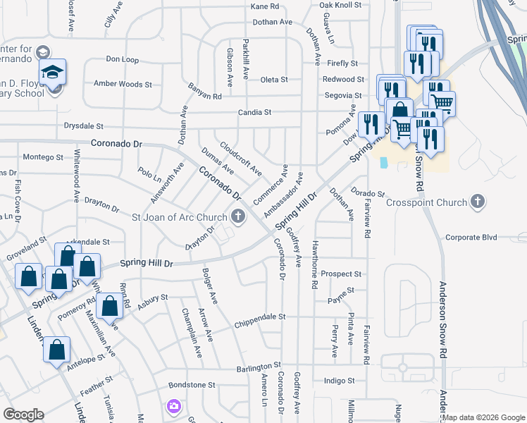 map of restaurants, bars, coffee shops, grocery stores, and more near 2443 Ambassador Avenue in Spring Hill