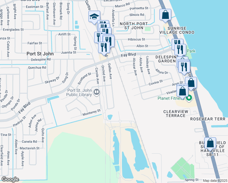 map of restaurants, bars, coffee shops, grocery stores, and more near 6485 Dallas Avenue in Cocoa