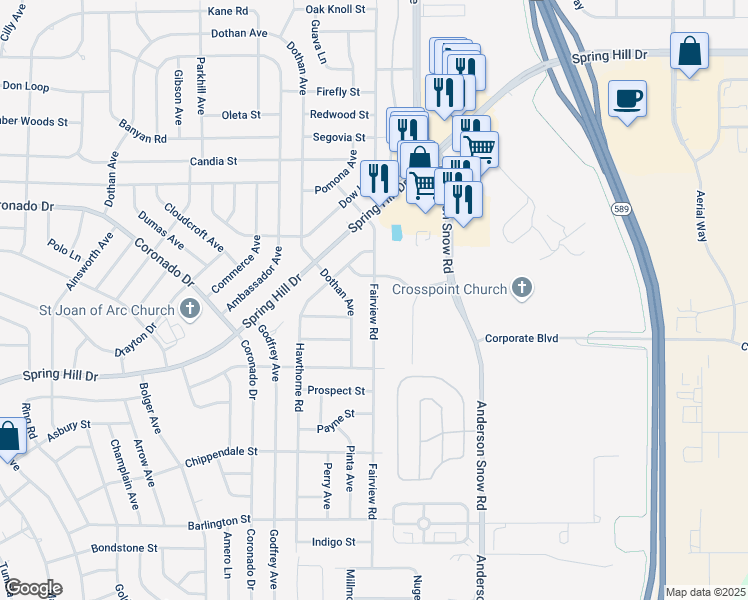 map of restaurants, bars, coffee shops, grocery stores, and more near 14200 Dorado Street in Spring Hill