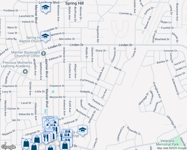 map of restaurants, bars, coffee shops, grocery stores, and more near 11355 Riddle Drive in Spring Hill