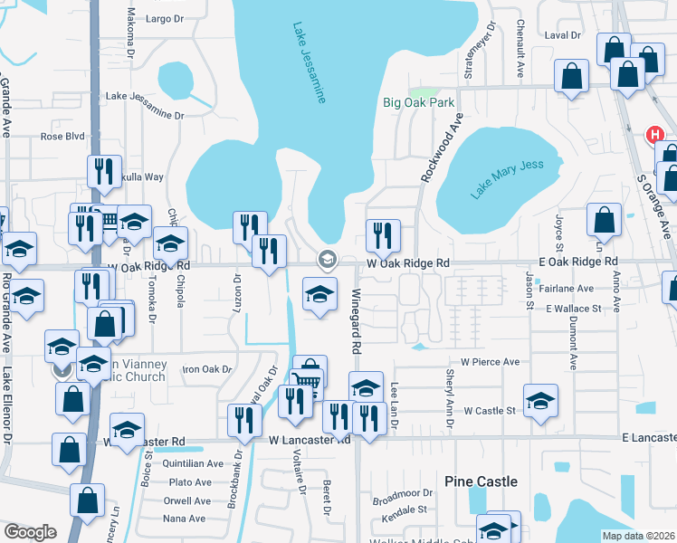 map of restaurants, bars, coffee shops, grocery stores, and more near 626 West Oak Ridge Road in Orlando